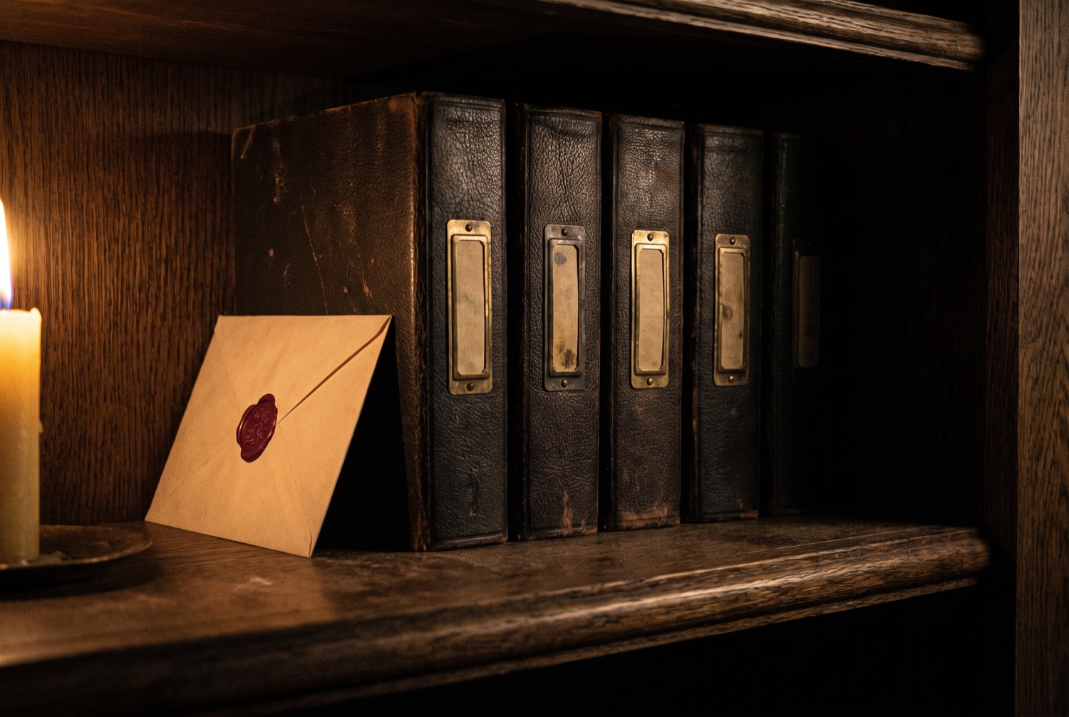 A row of leather-bound case files on a dark shelf
