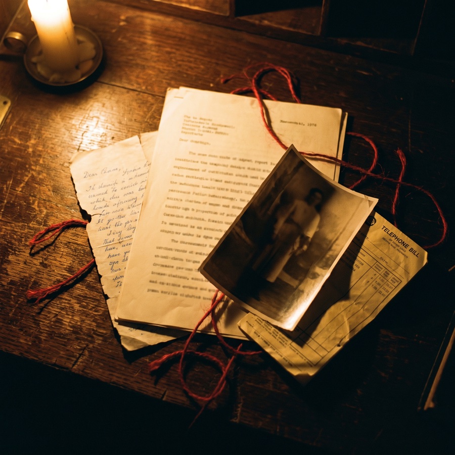 Case documents fanned on a dark desk by candlelight: a typed report, a torn handwritten note, a photograph, a telephone bill, red string