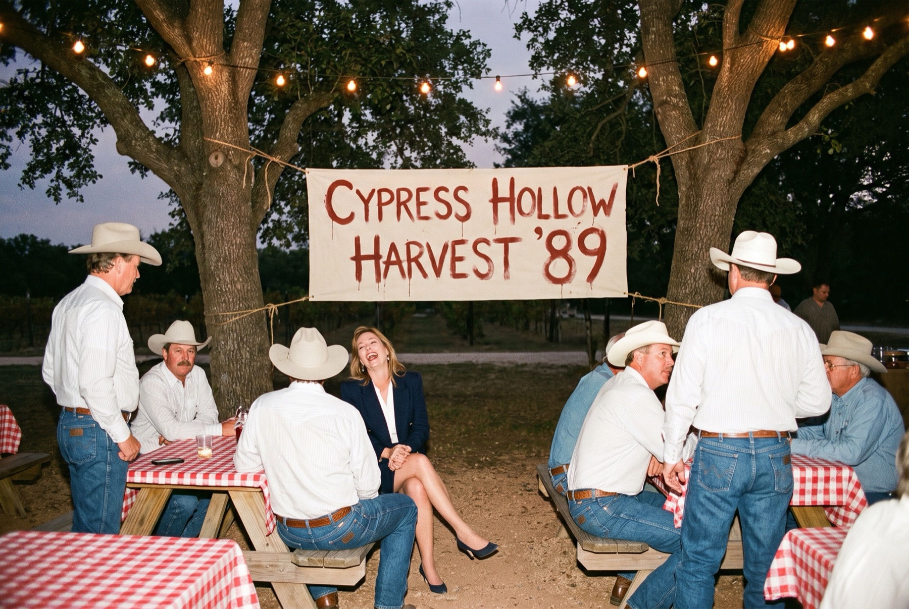A 1989 harvest party under string lights at a Texas vineyard